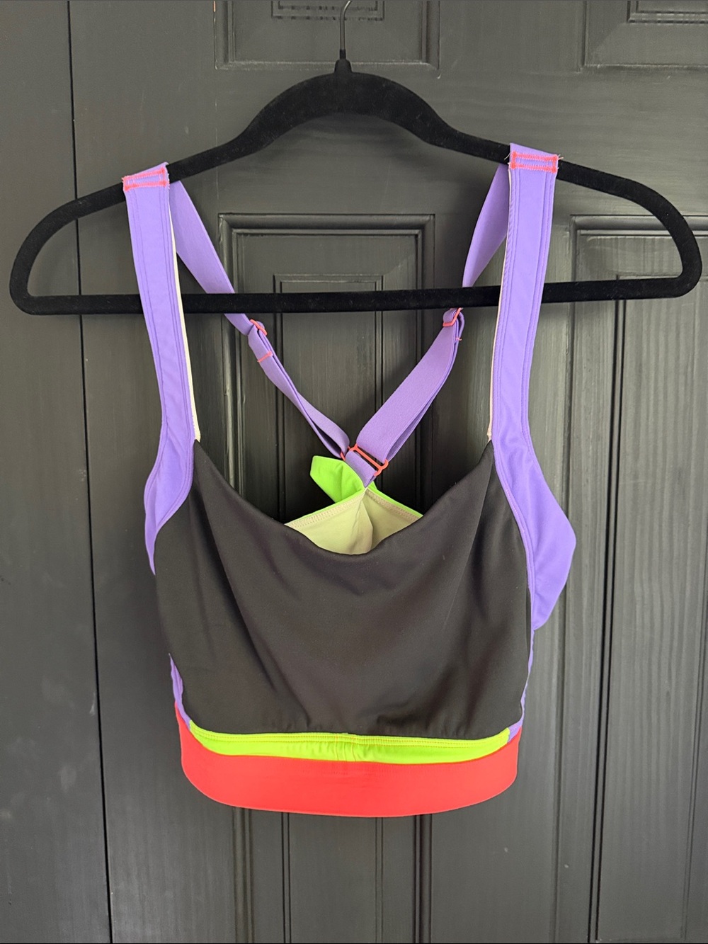 Colorblock Support Sports Bralette in Black with Purple, Neon Green & Coral Trim